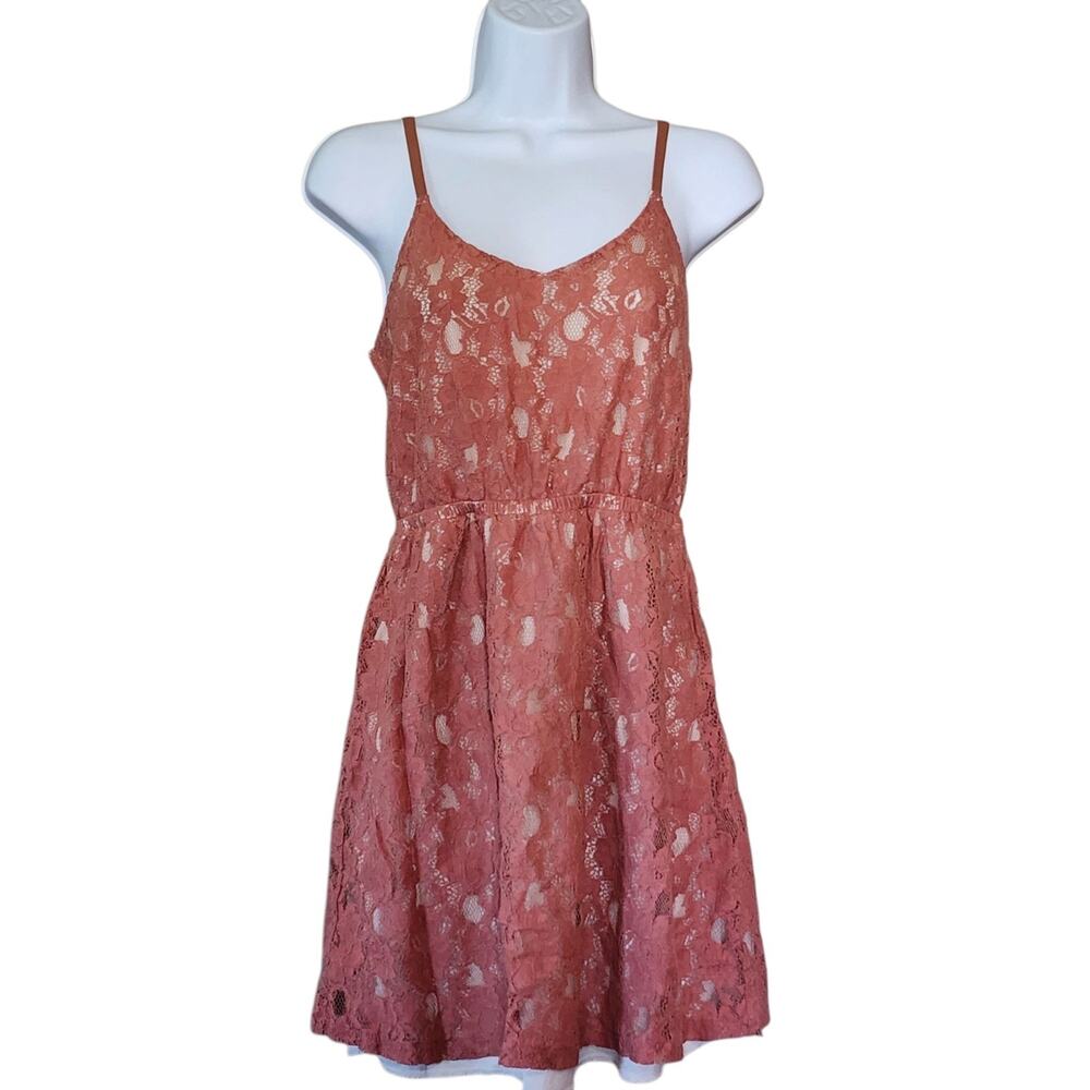 Lush Womens Mini Dress Size L Pink Floral Lace High Waist Lined Sleeveless